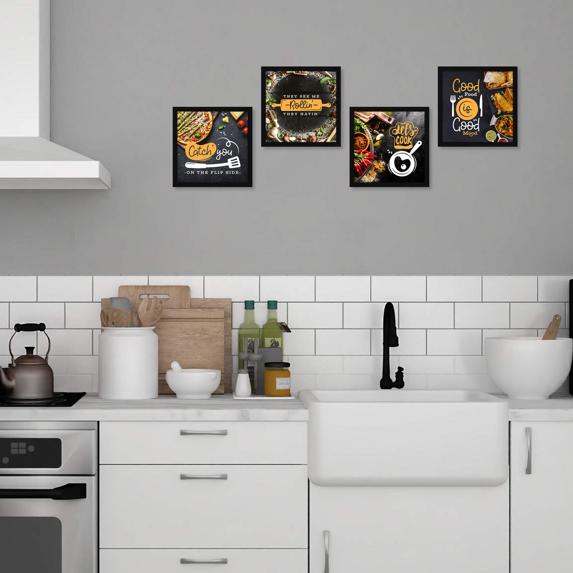 Artx Kitchen Food Quotes Motivational Funny Wall Art Frames, Framed Posters, 20 X 20 Inches, 10.0 X 10.0 Inches Each, Multicolor